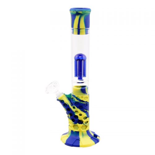 ATOMIC BONG IN SILICONE E VETRO CON PERCOLATORE E PARASCHIZZI GIALLO E BLU - ALTEZZA 35 cm SPESSORE 2,5mm MARI-KA'