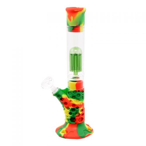 ATOMIC BONG RASTA IN SILICONE E VETRO CON PERCOLATORE E PARASCHIZZI - ALTEZZA 35 cm SPESSORE 2,5mm MARI-KA'